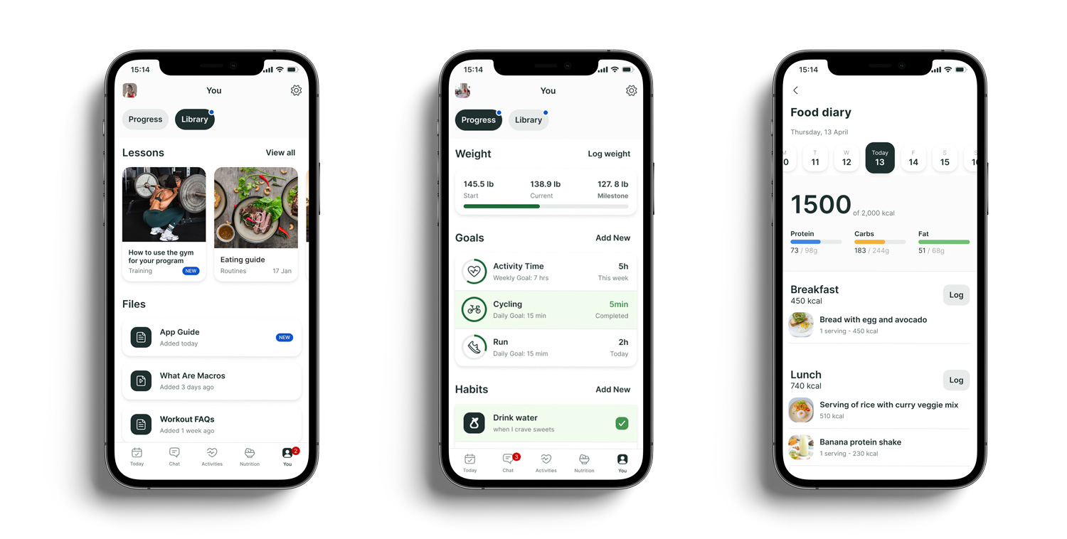 A mockup of the coaching app showcasing the different features.